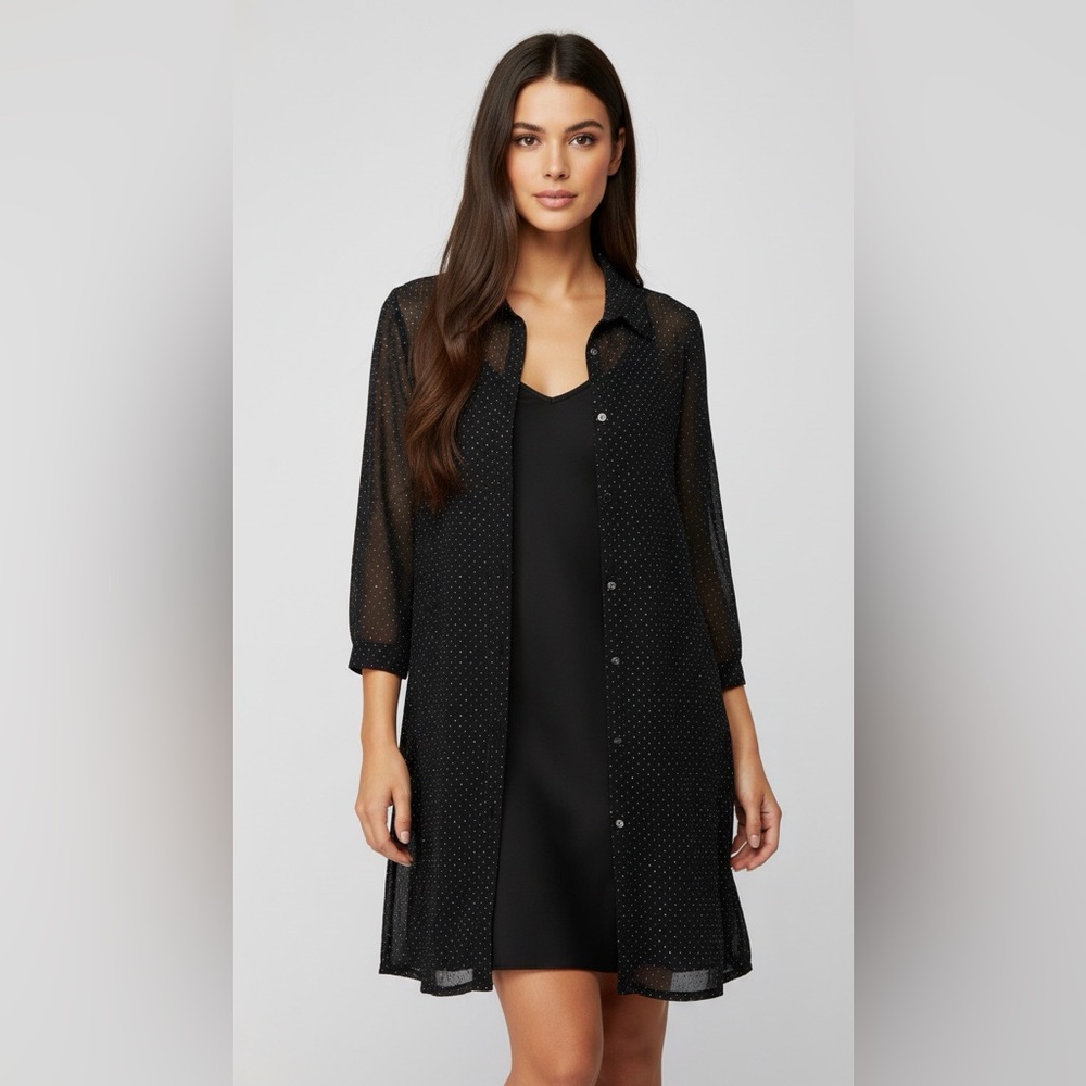 Black Mesh Overlay Tunic‎ Dress Studded Rhinestone Button-Up Dress.